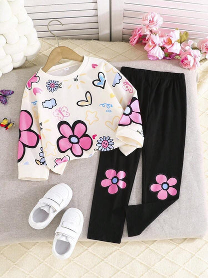 HEARTS & FLOWERS PRINTED WINTER KIDS SWEAT SUIT