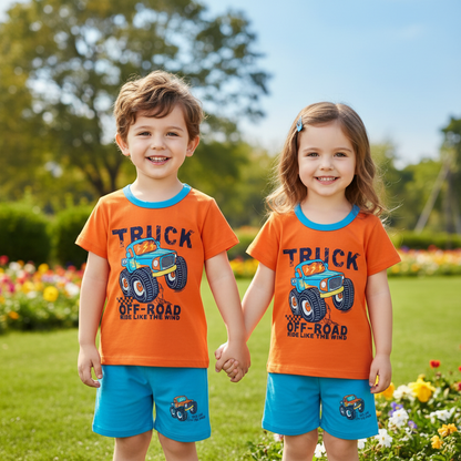 Orange Truck Off Road Printed Short Sleeve Kids Wear