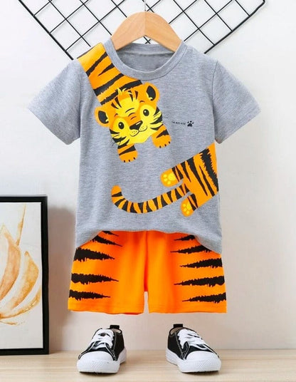 Orange Tiger Printed Short Sleeve Kids Wear