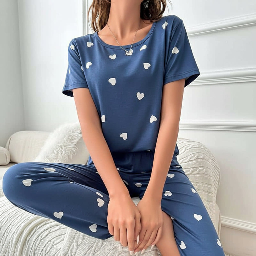 Blue & White Hearts Printed Women Pj Set