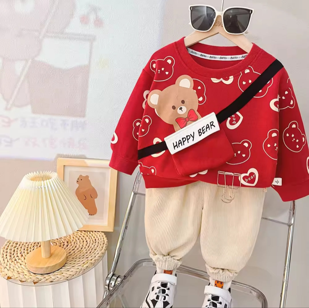 RED HAPPY BEAR PRINTED WINTER KIDS SWEAT SUIT