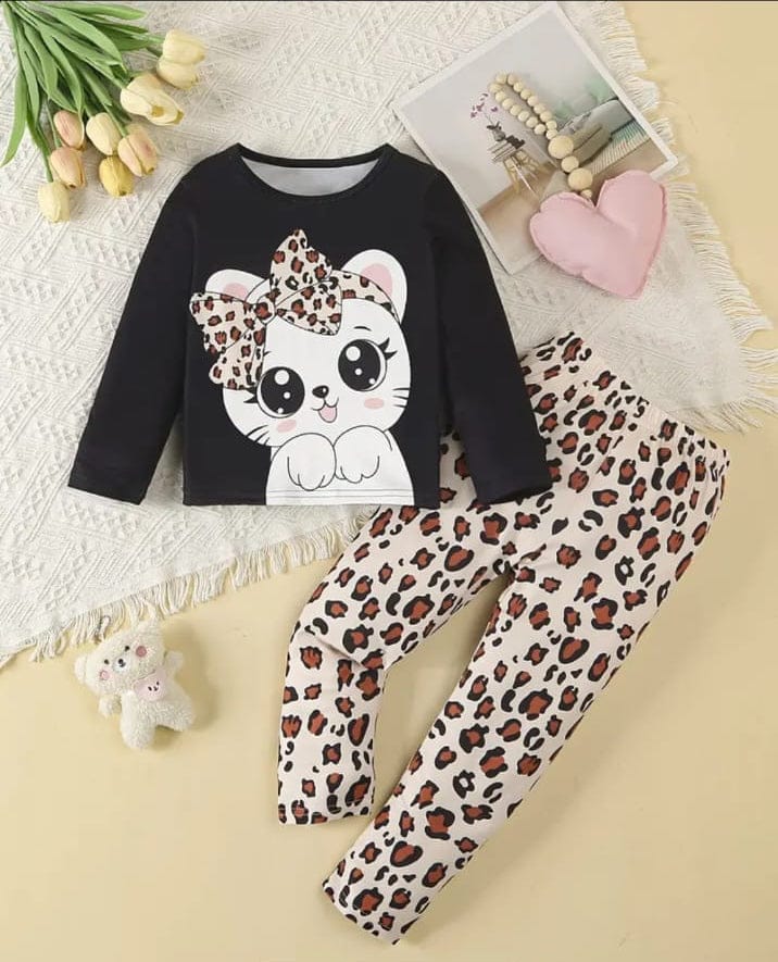 Black Kitty With Cheetah Printed Pajama Kids Wear