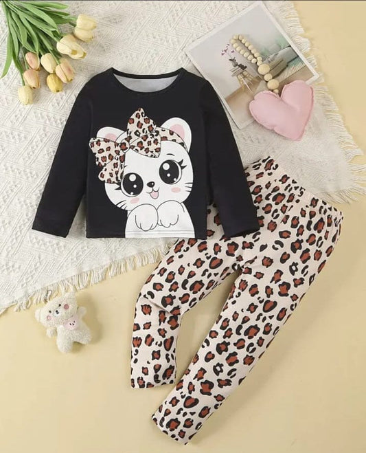 Black Kitty With Cheetah Printed Pajama Kids Wear