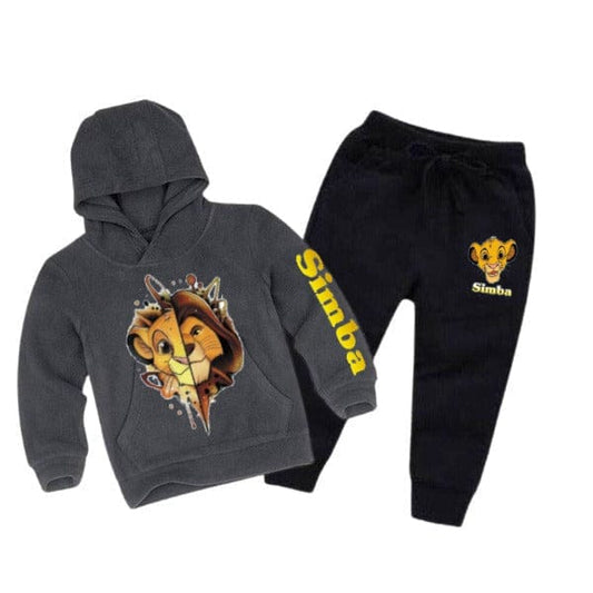 CHARCOAL SIMBA PRINTED WINTER KIDS HOODIE SUIT