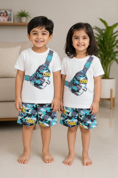 White Cool Bag Printed Short Sleeve Kids Wear