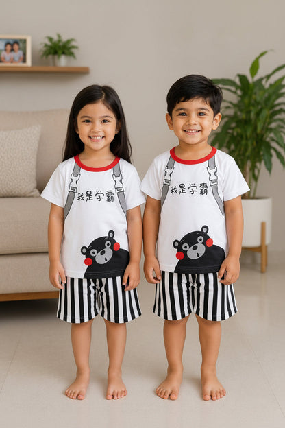 White & Black Bear Printed Short Sleeve Kids Wear