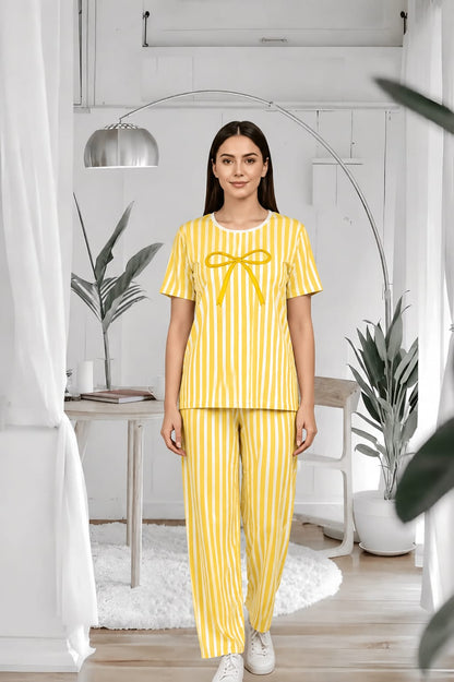 Yellow Bow Lining Printed Women Pj Set