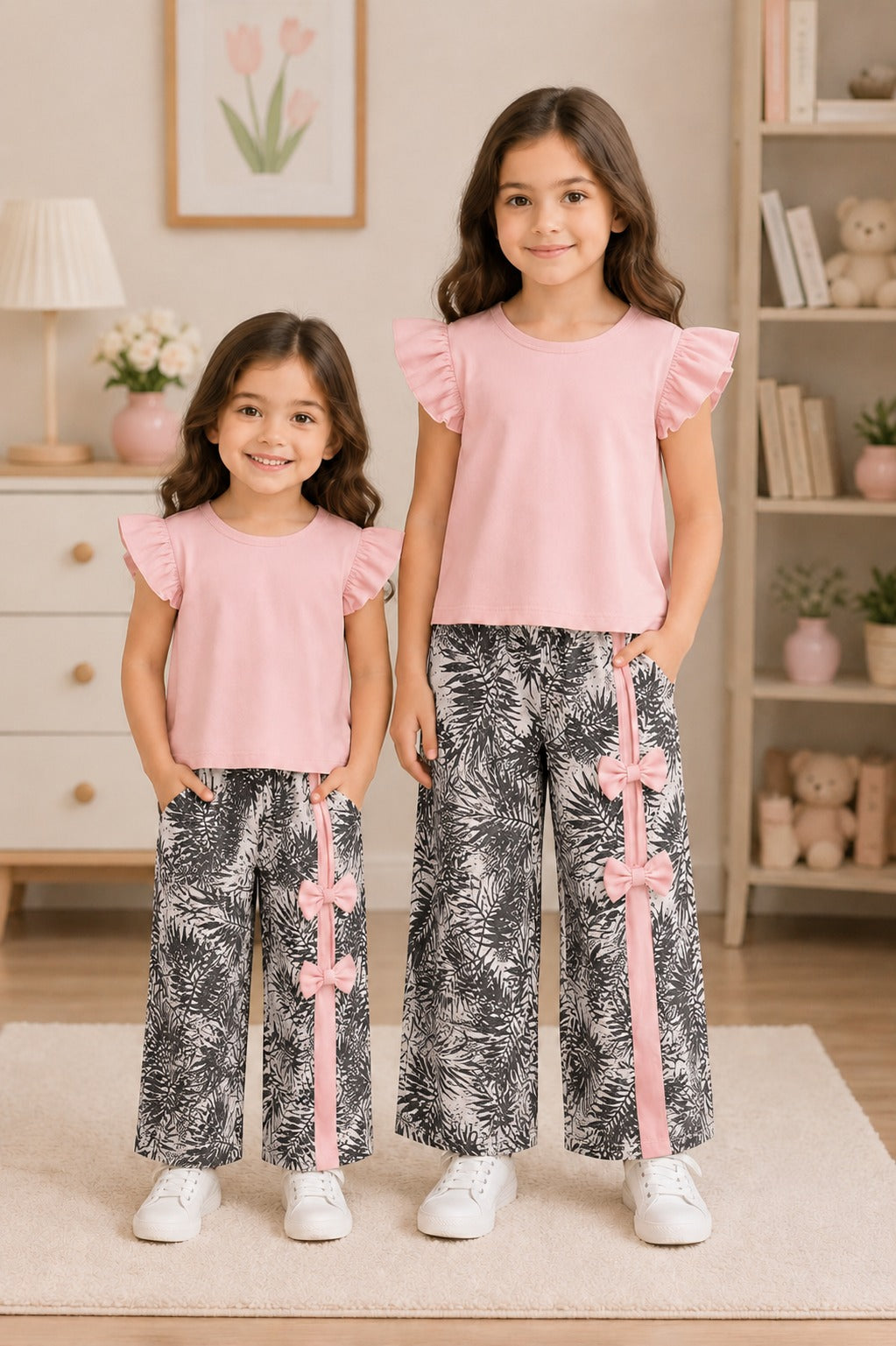 Pink Tropical Print Bow Pants Set