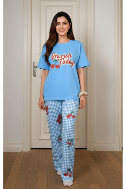 Blue Cherish Printed Women Pj Set