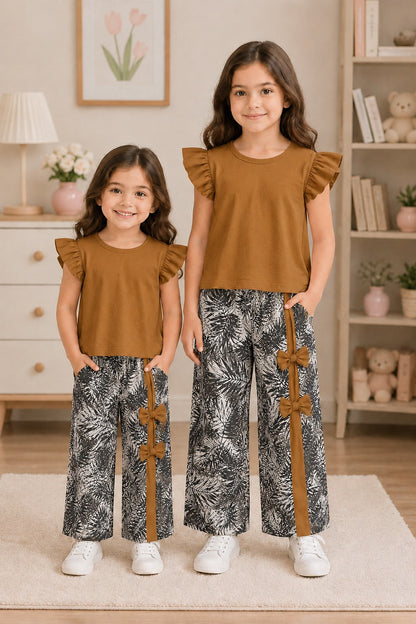 Brown Tropical Print Bow Pants Set