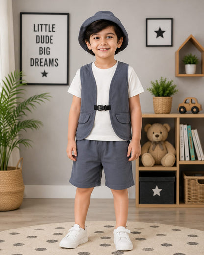Grey Vest Stlye Half Sleeve Kids Wear With Cap