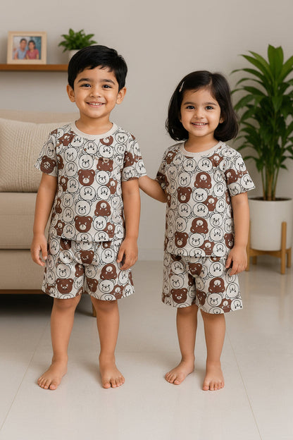 White & Brown Teddy Printed Short Sleeve Kids Wear