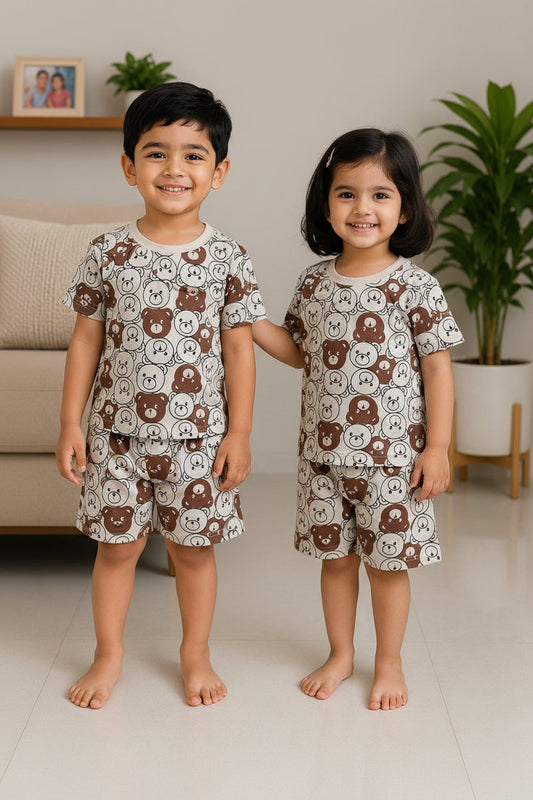 White & Brown Teddy Printed Short Sleeve Kids Wear