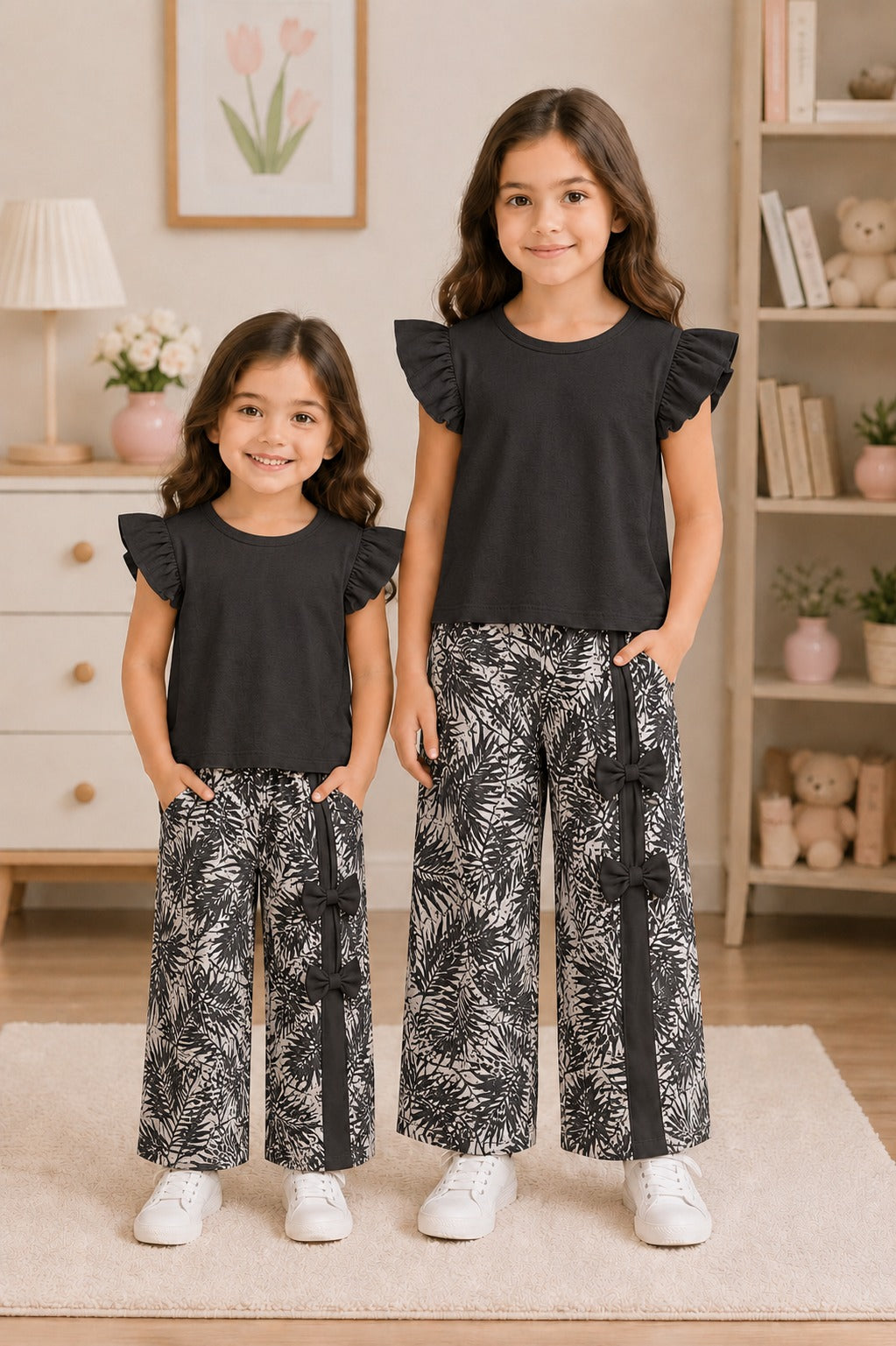 Black Tropical Print Bow Pants Set