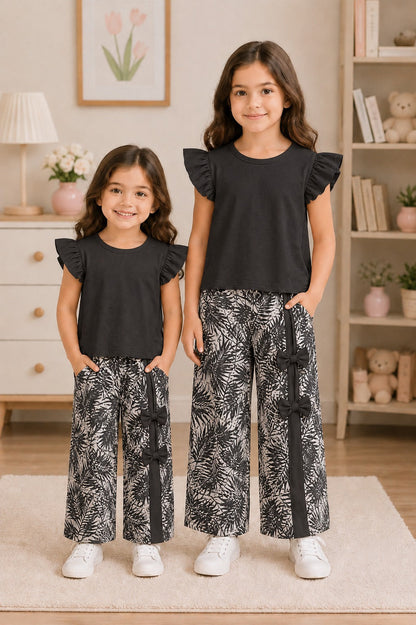 Black Tropical Print Bow Pants Set
