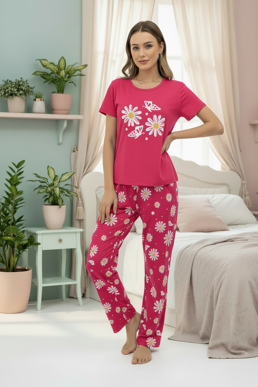 Pink Sunflower Butterfly Printed Women Pj Set