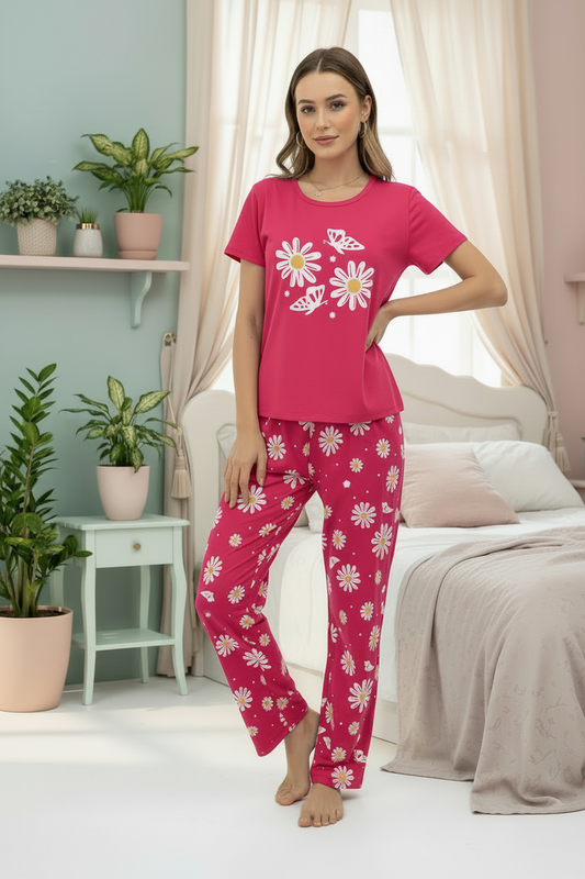 Pink Sunflower Butterfly Printed Women Pj Set