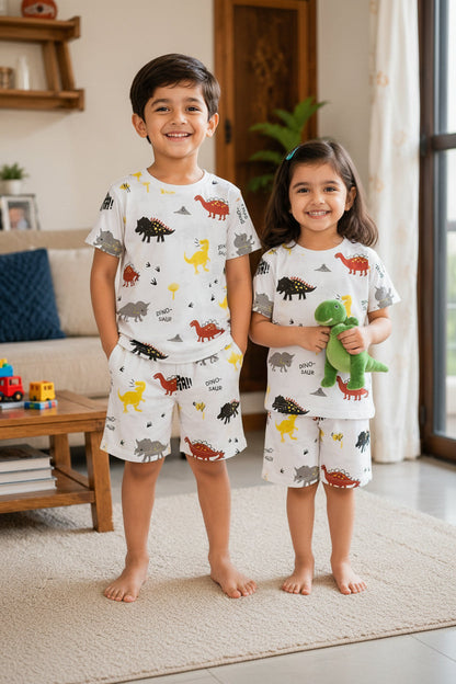 White Multi Dinosaur Printed Short Sleeve Kids Wear