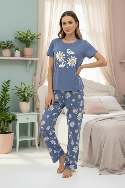 Blue Sunflower Butterfly Printed Women Pj Set