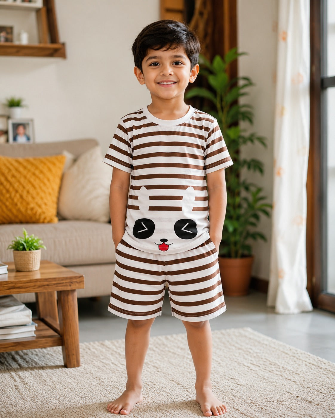 White & Brown Lining Rabbit Printed Short Sleeve Kids Wear