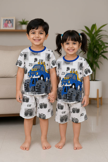 White & Blue Car Printed Short Sleeve Kids Wear