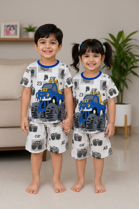 White & Blue Car Printed Short Sleeve Kids Wear